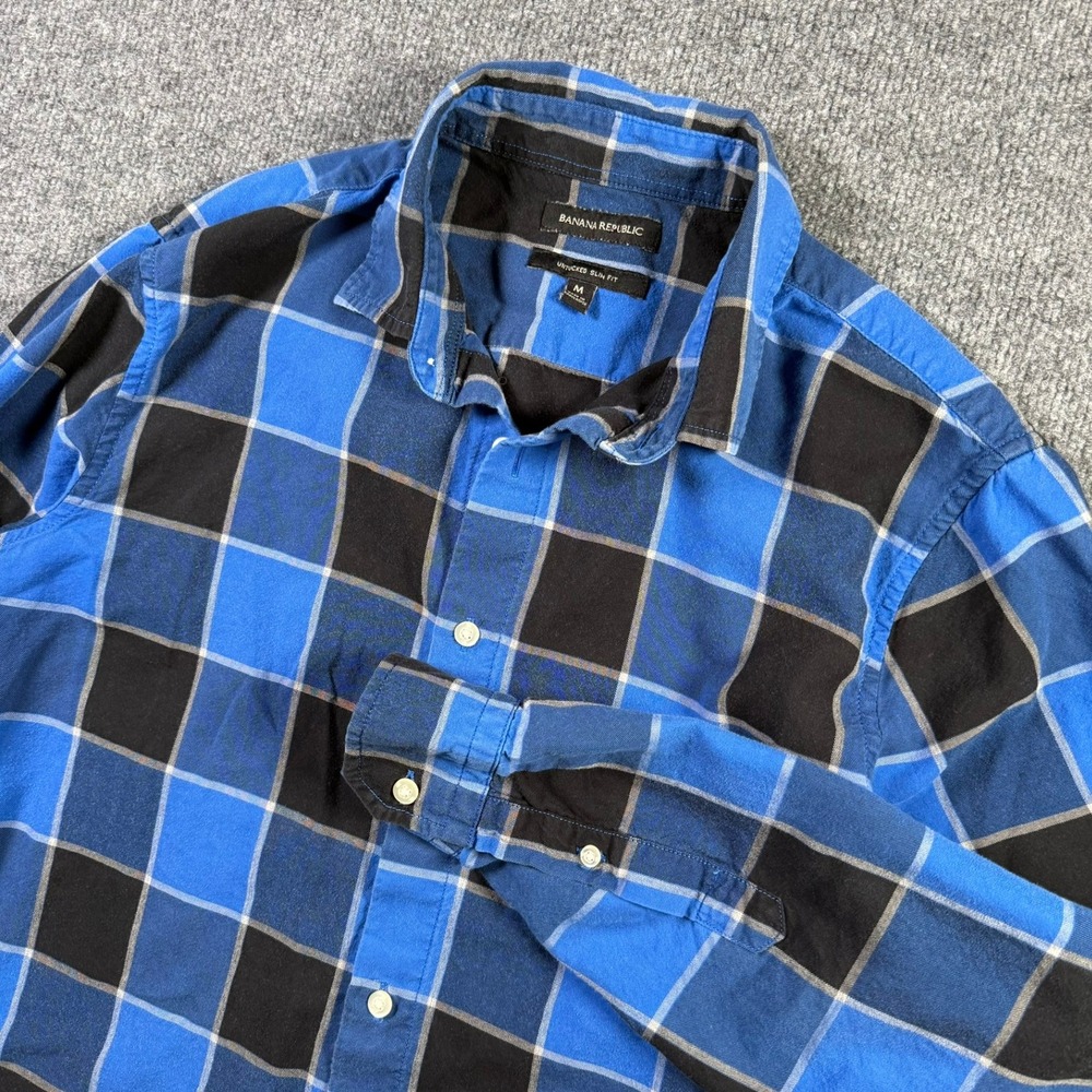 Banana Republic Button Down Shirt Mens M Blue Black Plaid Untucked Slim Fit